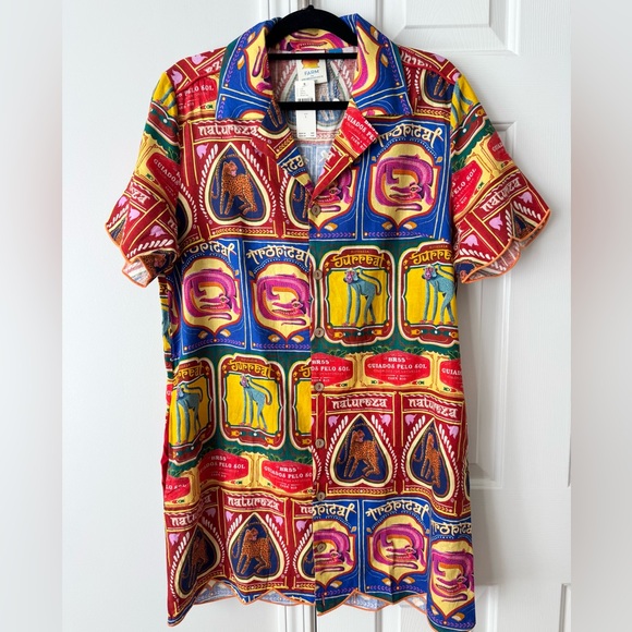Farm Rio Graphic Scalloped Mini Shirt Dress, Size L - Picture 6 of 14
